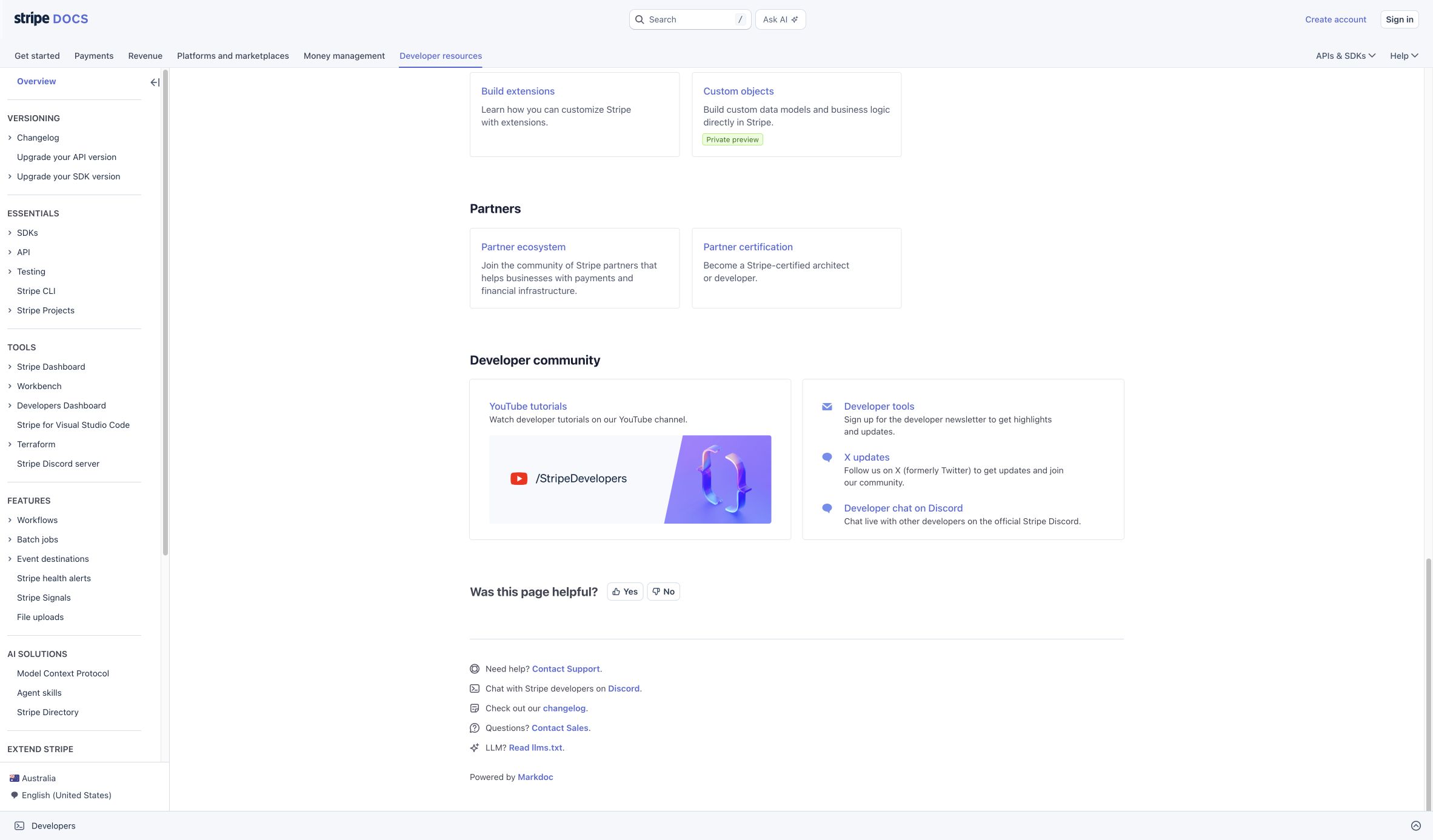 Lower section of Stripe Developer Resources