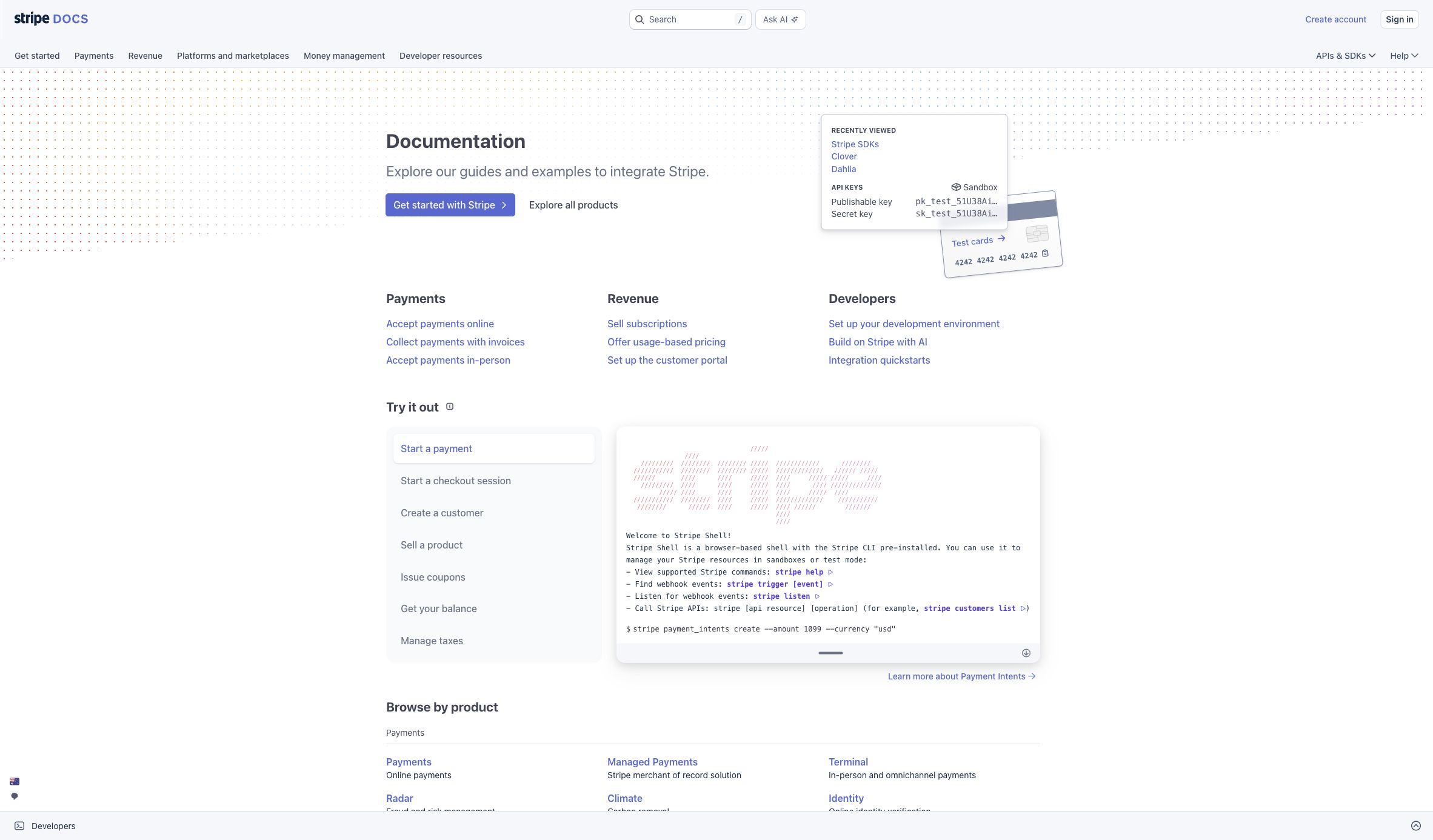 Upper section of Stripe documentation homepage